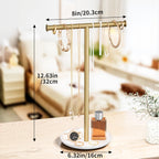 Gold Necklace Organizer Stand with Storage Tray - 12.6" Tall T-Shaped Jewelry Holder Stand for Bracelets, Earrings, Rings | Stylish Home & Vanity Décor for Women.