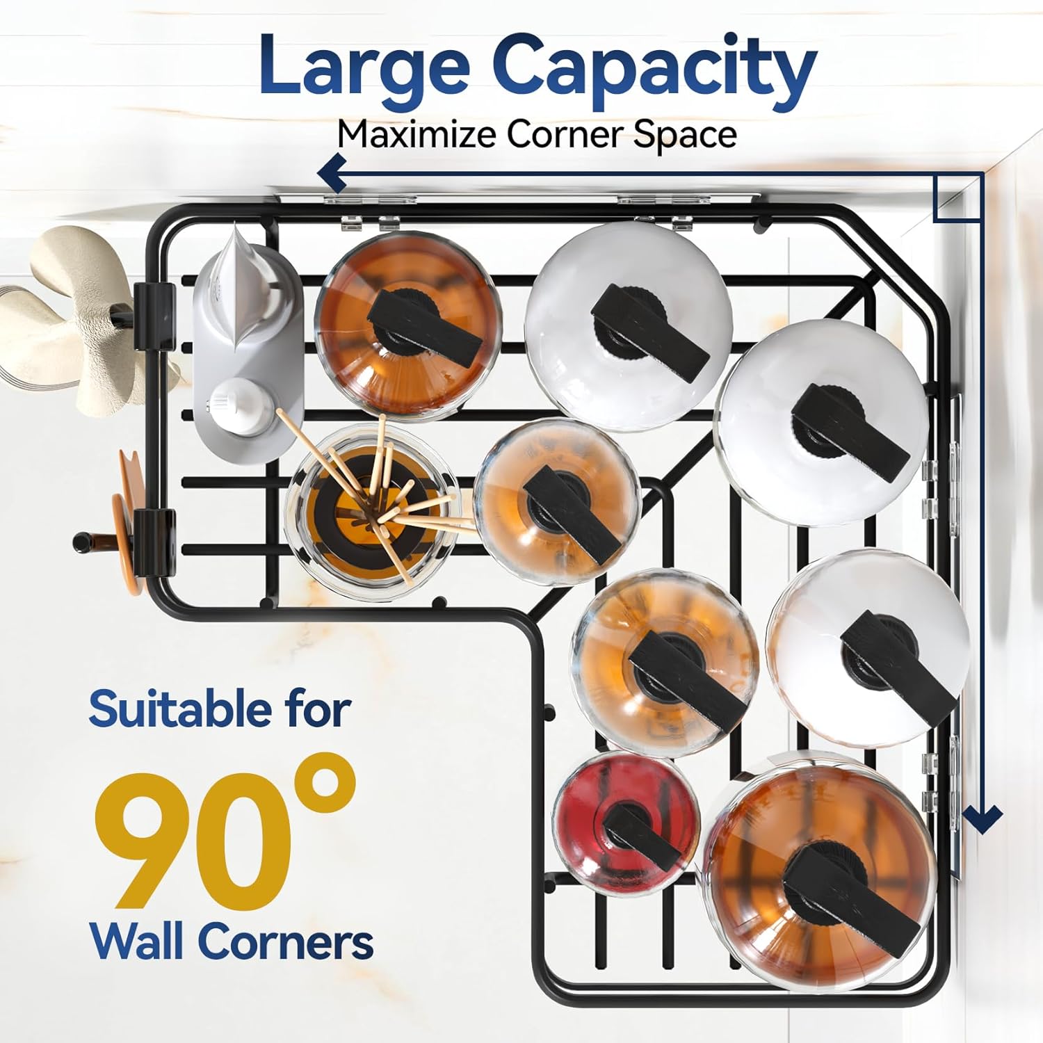 YASONIC Corner Shower Caddy, 5-Pack Adhesive Rustproof Stainless Steel Shower Organizer with Soap Holder, No Drilling Shower Shelf for Inside Shower, Dorm, Renters, Black