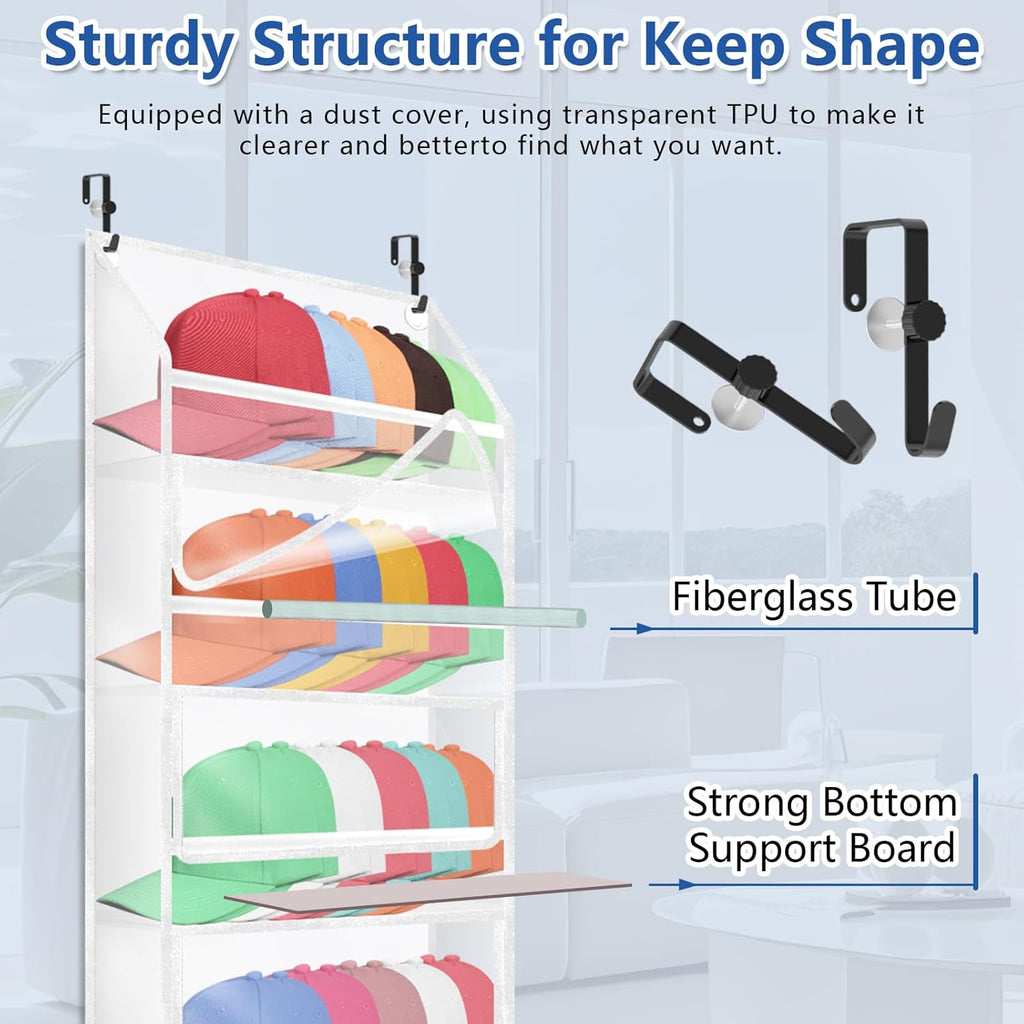 7-layer large capacity Hat Organizer, Hat Rack for Door With Dust Cover, Adjustable Hooks, And Transparent Visible Over The Door Hat Rack, Ideal for Home Organizatio