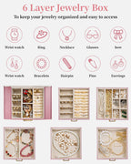 TORIBIO Large Jewelry Box for Women, Leather Jewelry Organizer with Mirror & Lock, 6-Tier Jewelry Storage Case for Girls/Women/Mothers, Necklace Earring Bracelets Holder Organizer