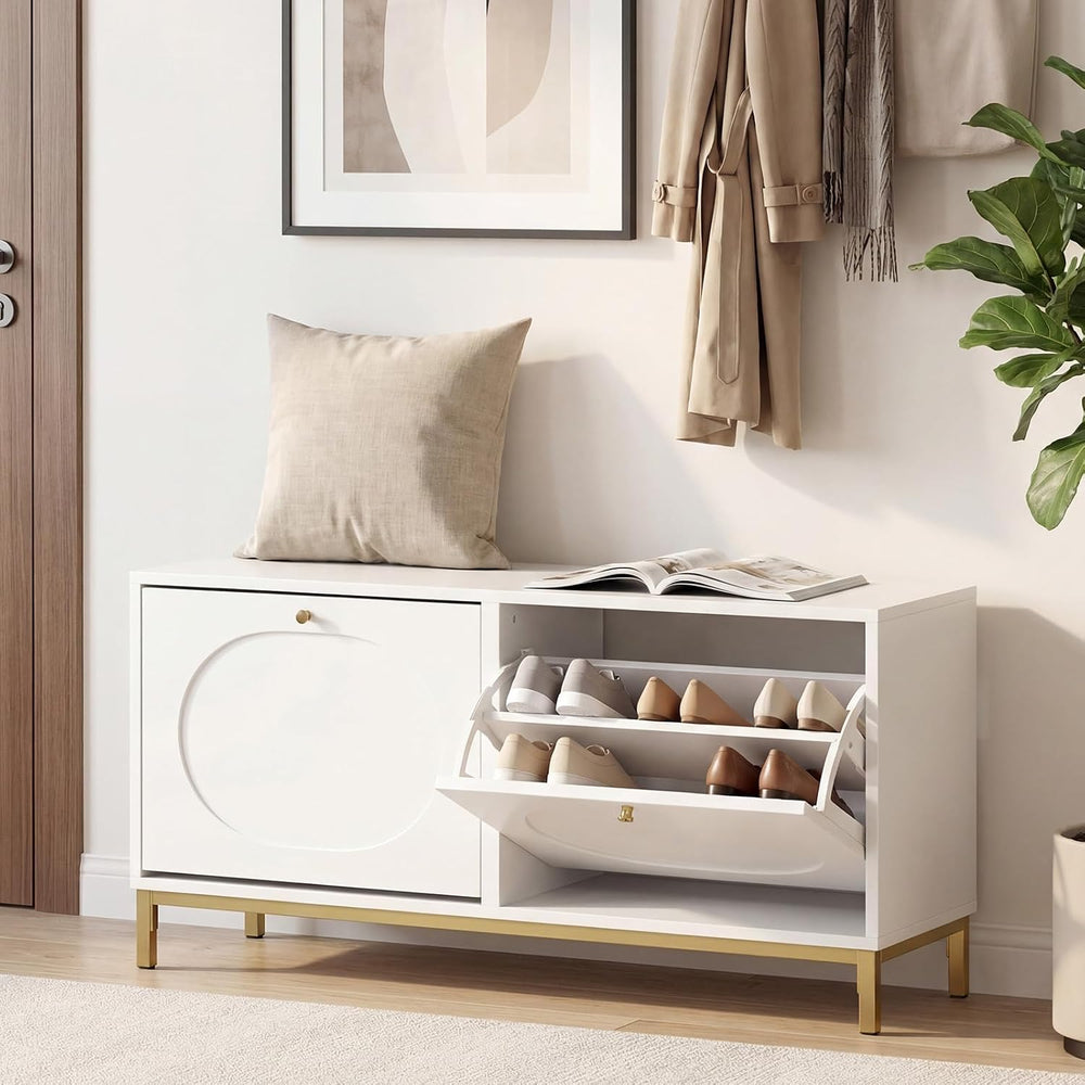 GOFLAME Shoe Storage Bench, Narrow Entryway Bench with 2 Flip Drawers, Adjust...