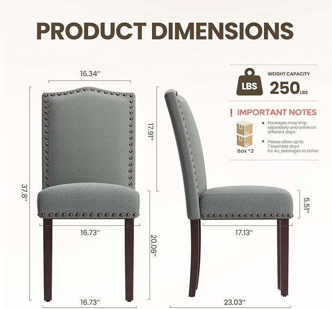 COLAMY Grey Upholstered Parsons Dining Chairs Set of 4,Comfortable Foam Seat, Classic Nailhead Trim, Solid Wood Legs, Stable & Easy to Assemble for Dining Room, Kitchen, Living Room & Café