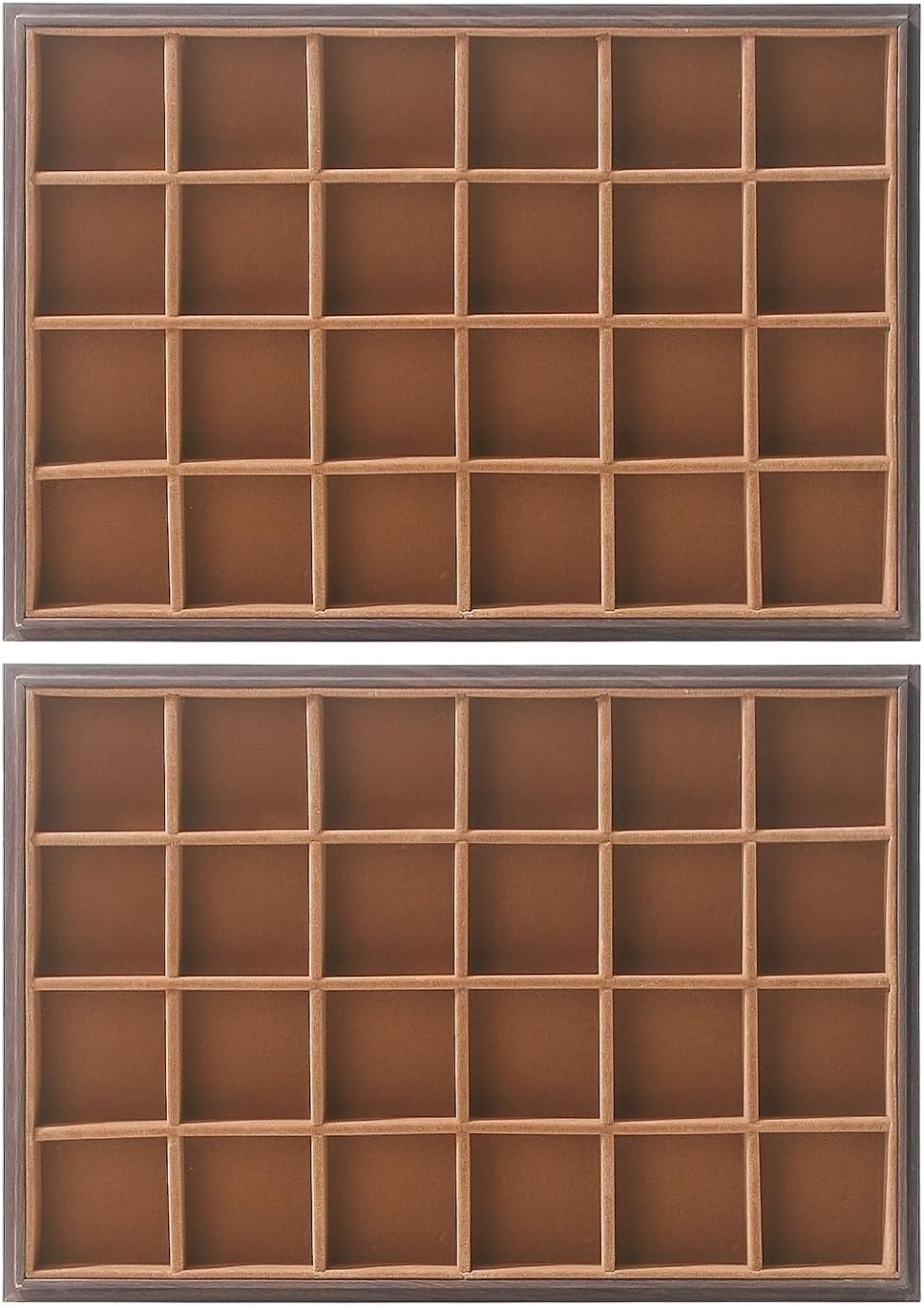 Wood Jewelry Organizer Tray, Earrings Holder (Brown, 2Pc, 24 Grids) | Stackable Earrings Organizer, Earrings Display Tray, 24 Grids Ring Holder, Space-Saving Storage
