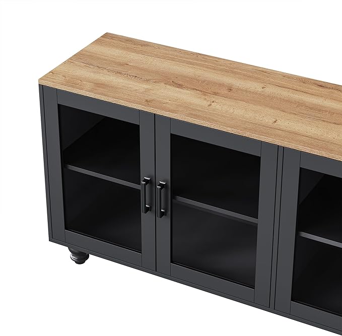 Farmhouse TV Stand with Tempered Glass Doors for TVs up to 70'', Entertainment Center with Adjustable Shelves, Buffet Cabinet with 5 Solid Wood Gourd-Shaped Legs for Living Room, Black
