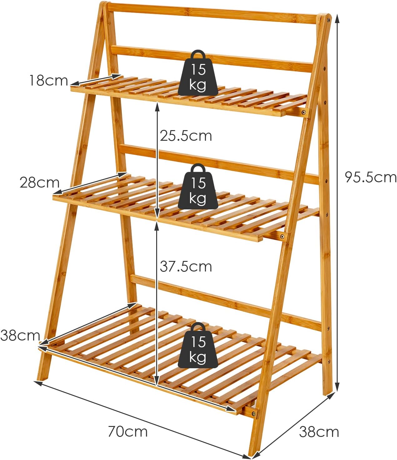 COSTWAY Bamboo Plant Stand, Foldable Multifunctional Flower Display Ladder Shelf, 3-Tier Storage Rack
