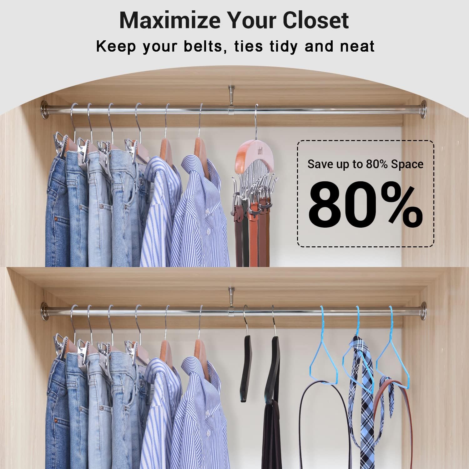 Belt Hanger Organizer for Closet: Ohuhu 12 Hooks Max 36 Belts Tie Rack Wooden Belt Holder for Storage 360 Degree Rotating Space Saver Organizer for Men Women Belt Tie Scarf Accessories-Burlywood