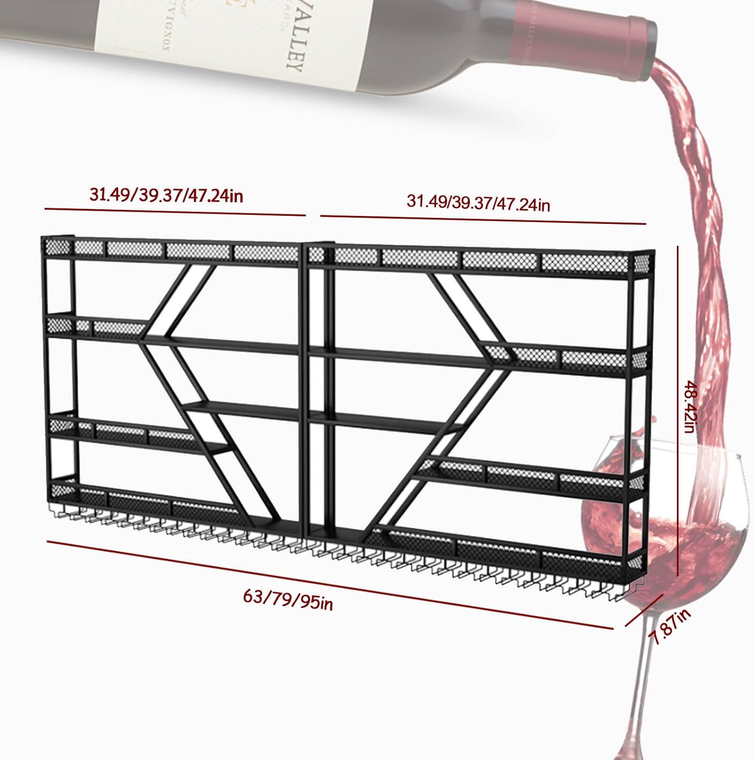 79in Large Wall Mounted Wine Rack 4 Tier Metal Wine Bottle Holder Modern Diamond Design Floating Bar Liquor Bottles Storage Rack for Home Restaurant Bar Decorative (Gold, 4 Tier - 79in)