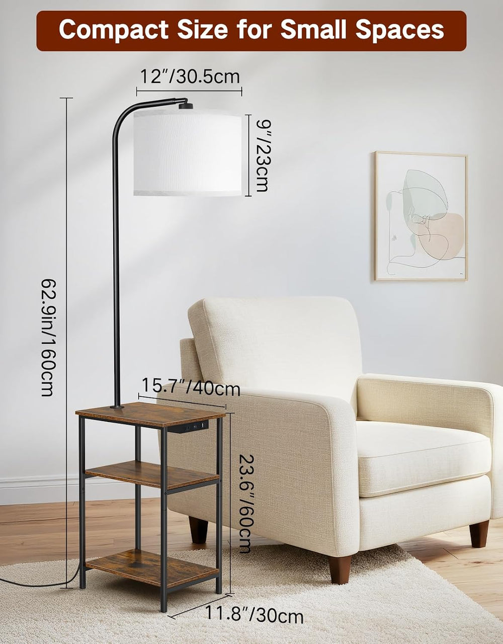 Floor Lamp with Table & Remote, Side End Table with Charging Station, Dim...