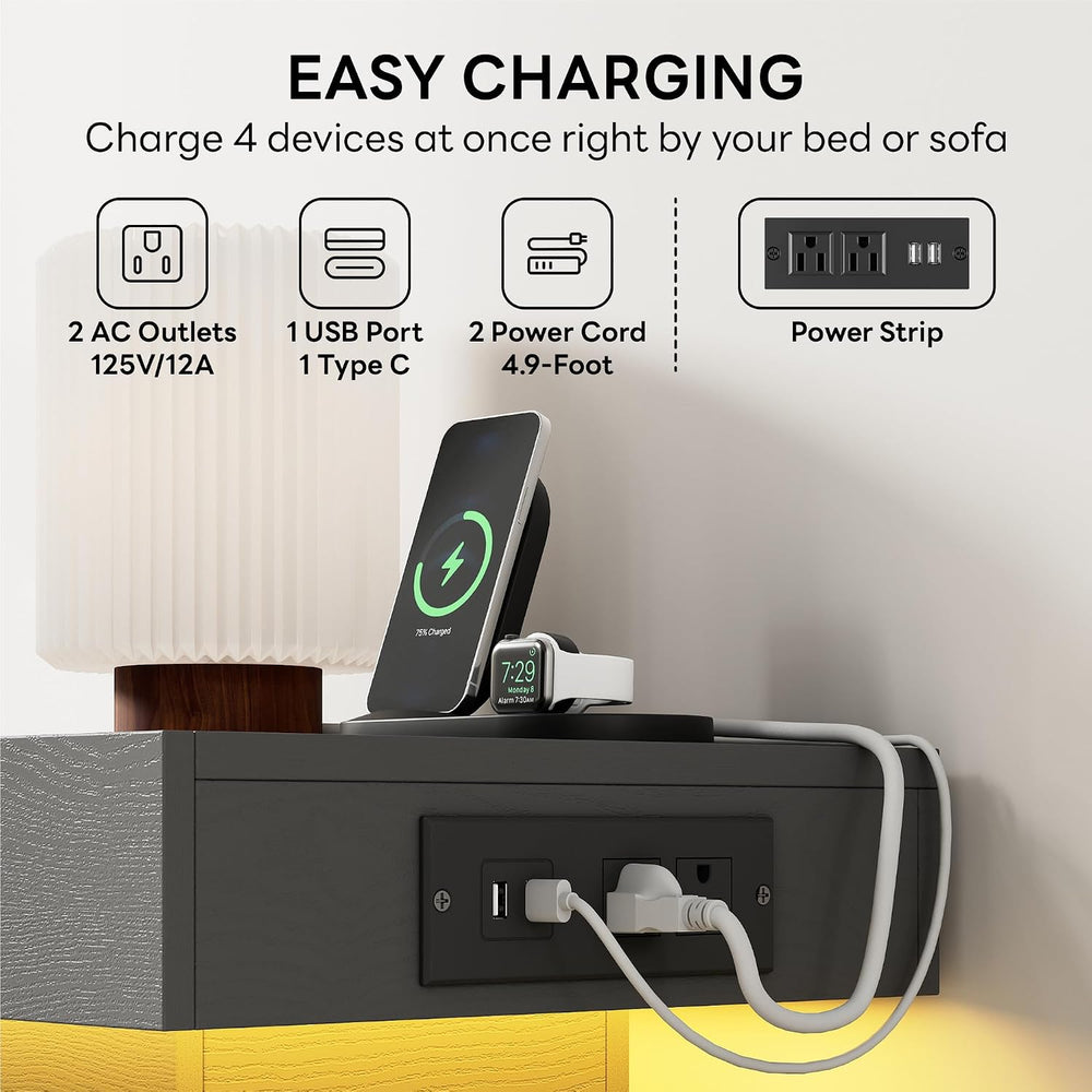 LIKIMIO Nightstand with Charging Station LED Light and 2 Drawers Grey | charg...