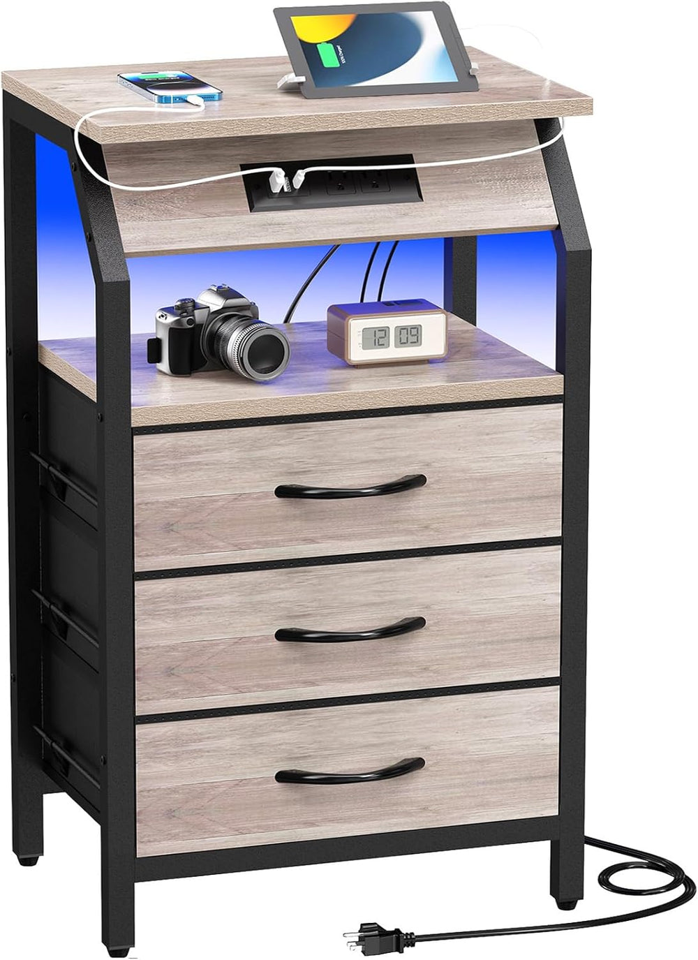 SZLHANJZ End Table with 3 Drawers, Night Stand with Charger Station and LED L...