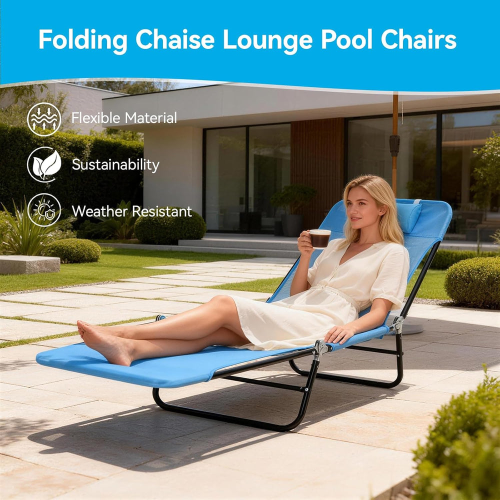 Outdoor Chaise Lounge with Detachable Pillow, Reclining Folding Chair with 5-...