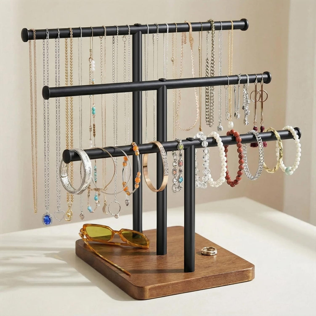 3 Tier Jewelry Holder Organizer, Bracelet Holder Display, Detachable T Bar Wood Jewelry Organizer, Jewelry Display Stand, Necklace Bracelet Holder for Earring, Watches, Rings, 2025 New - Brown