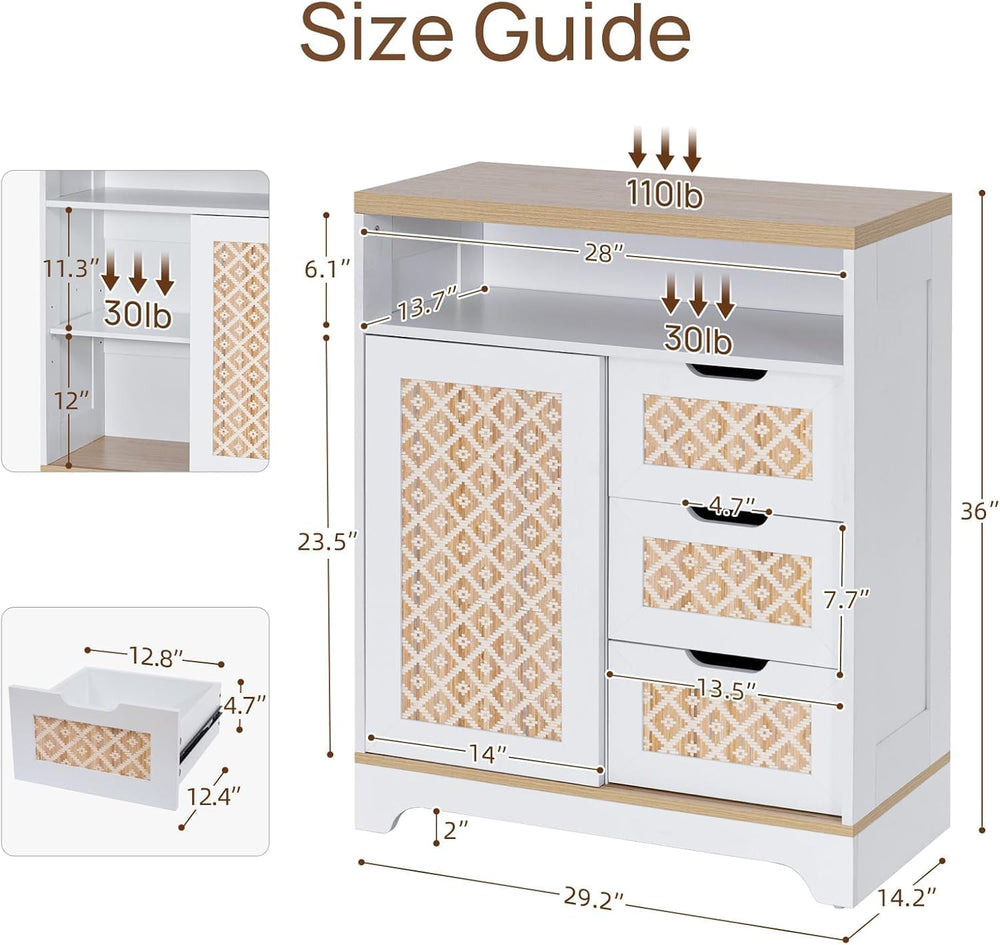 Sideboard Buffet Cabinet with Storage, Rattan Door and 3 Drawers, White | Sli...