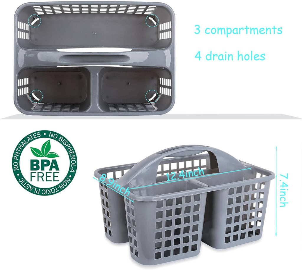 JiatuA Portable Shower Caddy Basket with Compartments Cleaning Supplies Organizer with Handle Plastic Storage Divided Tool Bin for Bathroom, Bedroom, Kitchen, College Dorm, Garden, Under Sink, Grey