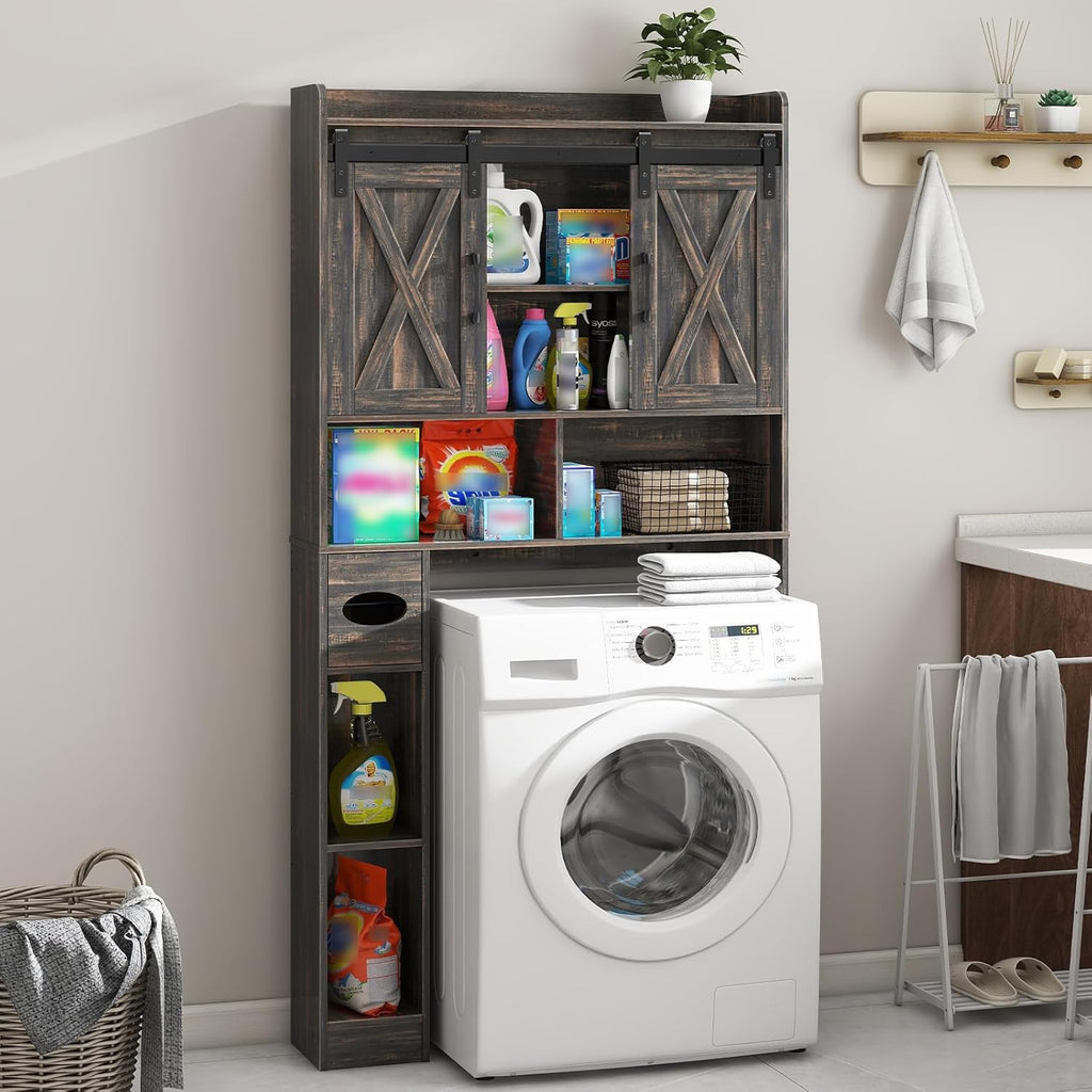 Vabches Over The Toilet Storage Cabinet, Farmhouse Storage Cabinet Over Toilet with Sliding Door& Toilet Paper Holder Stand，Home Space-Saving Toilet Rack, for Bathroom, Laundry and Restroom