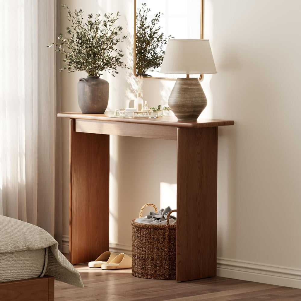 AQIMUELE Walnut Console Table Thin Rubberwood Minimalist Mid-Century Style | ...