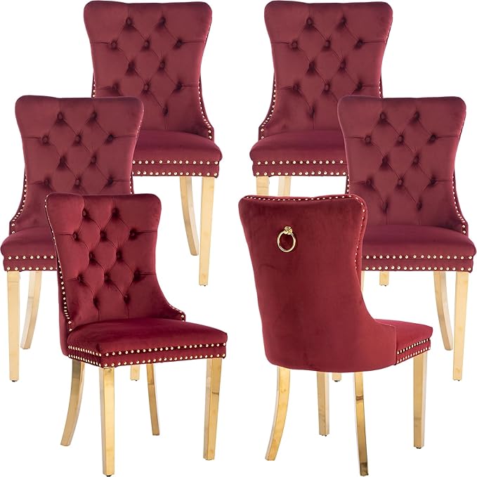 Mid Century Modern Dining Chairs Set of 6, Red Velvet Upholstered Tufted Back...
