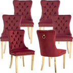 Mid Century Modern Dining Chairs Set of 6, Red Velvet Upholstered Tufted Back, Kitchen & Dining Room Chairs, Gold Metal Legs, Nailhead Trim, Sillas para Comedor (Red, 6 Pcs)