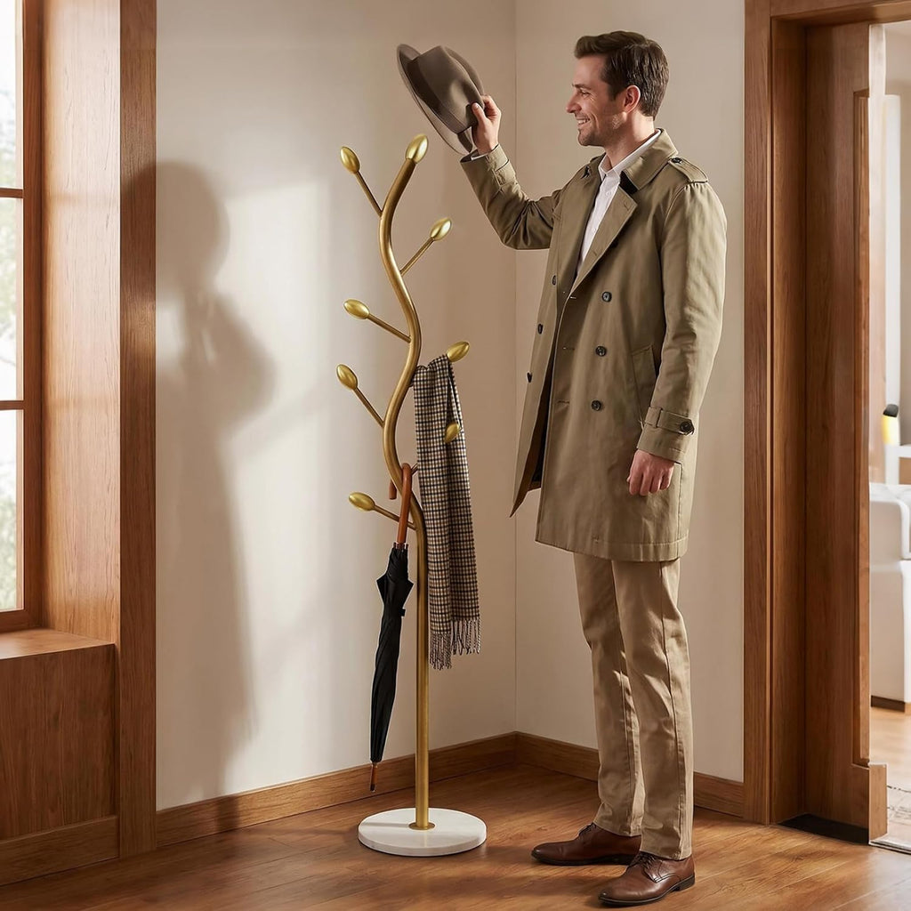Coat Rack Freestanding, Artistic Tree-Shaped Gold Metal Hall Tree with Heavy-Duty Marble Base, Elegant Corner Garment & Purse Tree with 8 Rounded Hooks for Entryway, Bedroom, Office