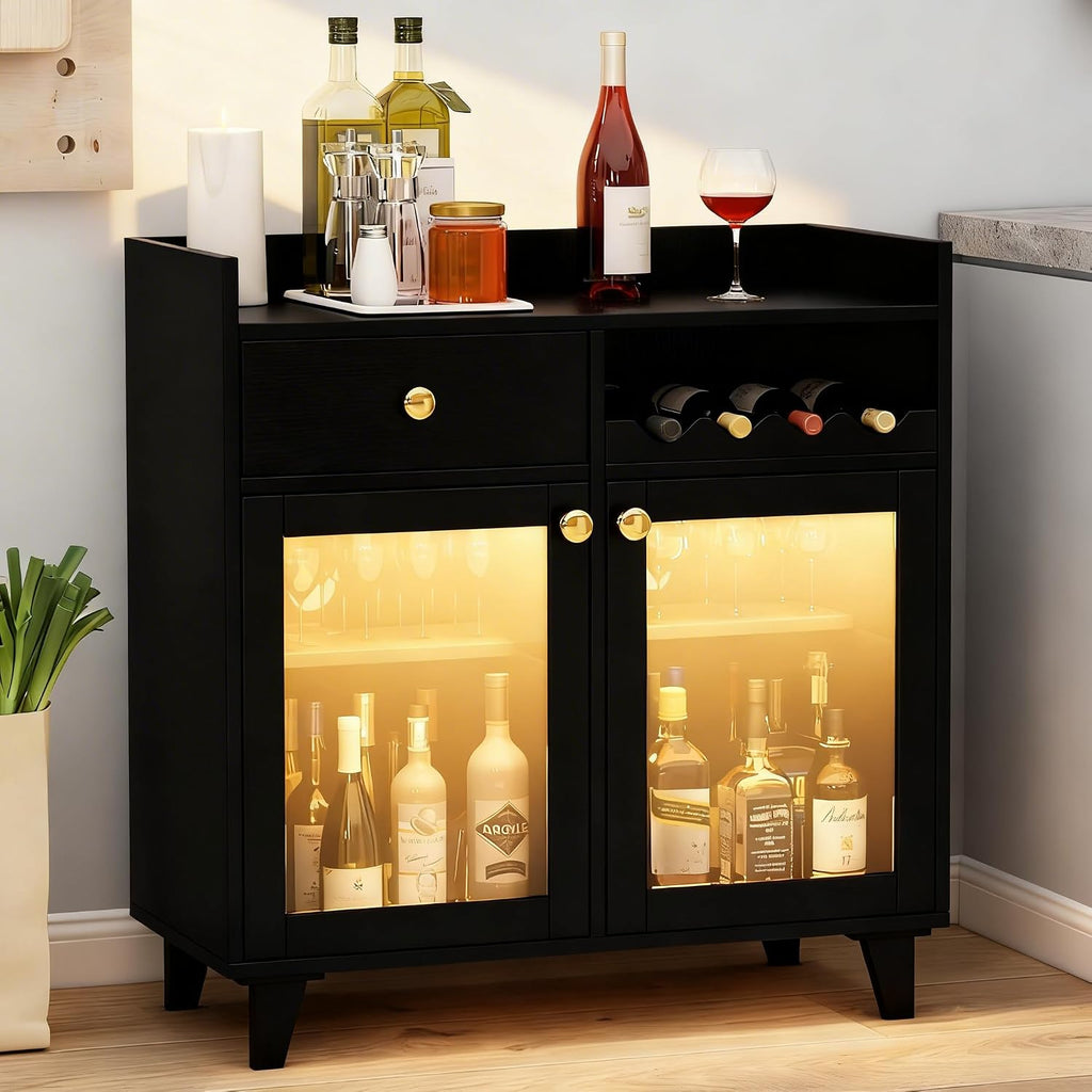 COCO DESIGN Small Bar Cabinet, Black Modern Liquor Wine Cabinet with Storage with Led Light for Home, Farmhouse Buffet Coffee Sideboard with Glass Door & Wavy Wine Rack for Kitchen