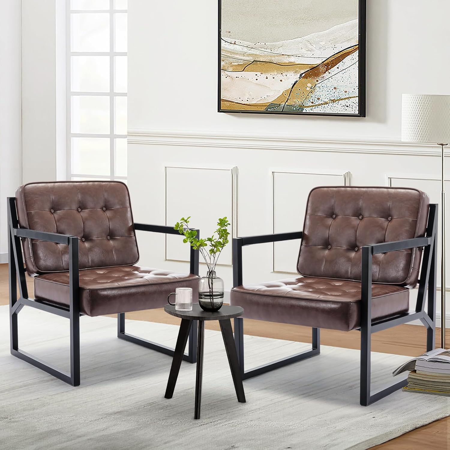 MALOL Mid Century Modern Accent Chair Set of 2, Comfy Living Room Chair, Brown Leather Accent Chair, Faux Leather Reception Armchair with Metal Legs for Living Room Bedroom Reception Office, Brown