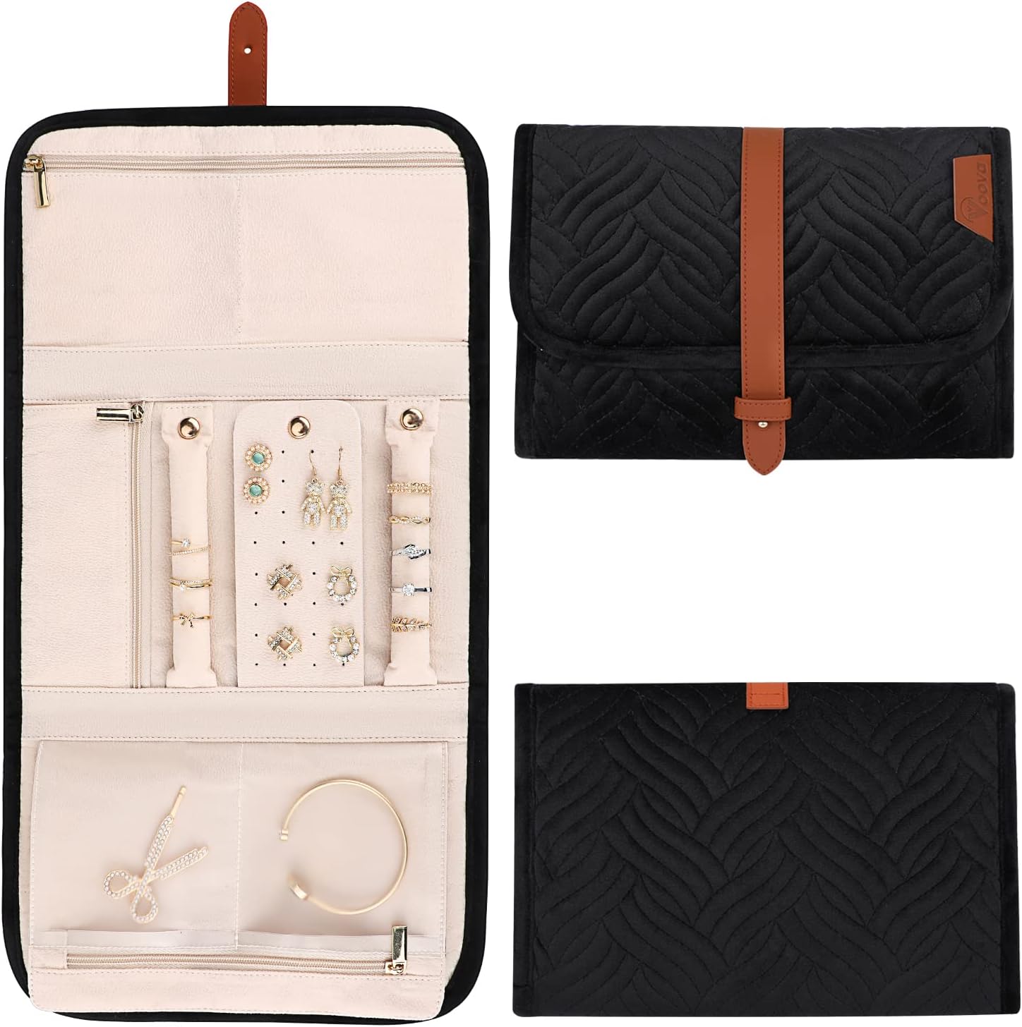 Voova Travel Jewelry Holder Organizer Case, Large Jewelry Storage Bag for Women Girls, Foldable Traveling Jewellery Pouch Roll for Necklaces Rings Earrings Bracelets, Black
