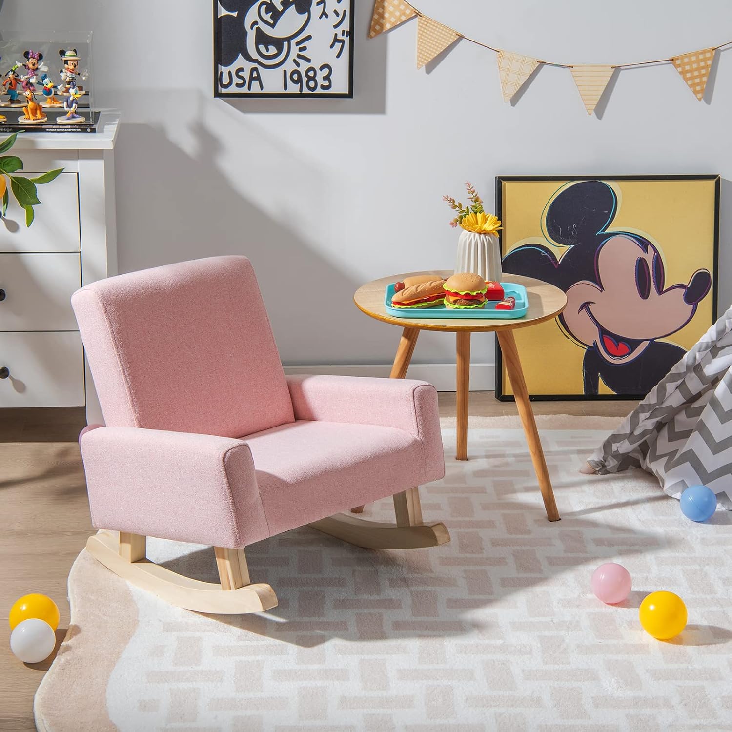 Costzon Kids Sofa, Toddler Rocking Chair with Solid Wood Frame, Linen Fabric, Anti-Tipping Design, Children Furniture Armchair for Kids Room, Nursery, Playroom, Preschool, Gift for Boys Girls (Pink)