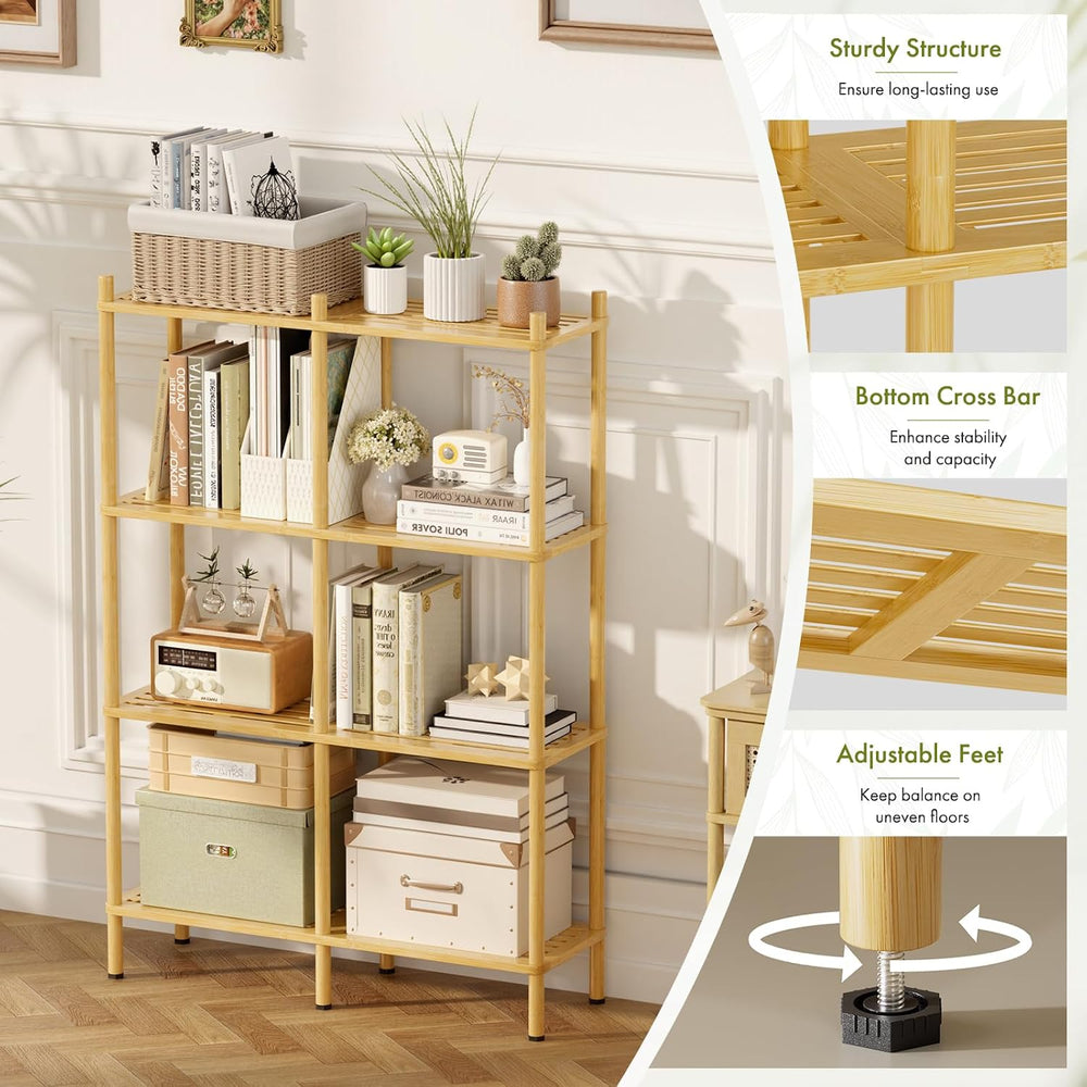 Book Shelf, 4 Tier Bamboo Bookshelf, Tall Bookcase with 8 Open Display Shelve...