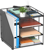 Desk Organizer, 4-Tier Metal Paper Organizer for Desk with Vertical File Holder, Office Accessories and Desktop Storage for Office Supplies (Black)