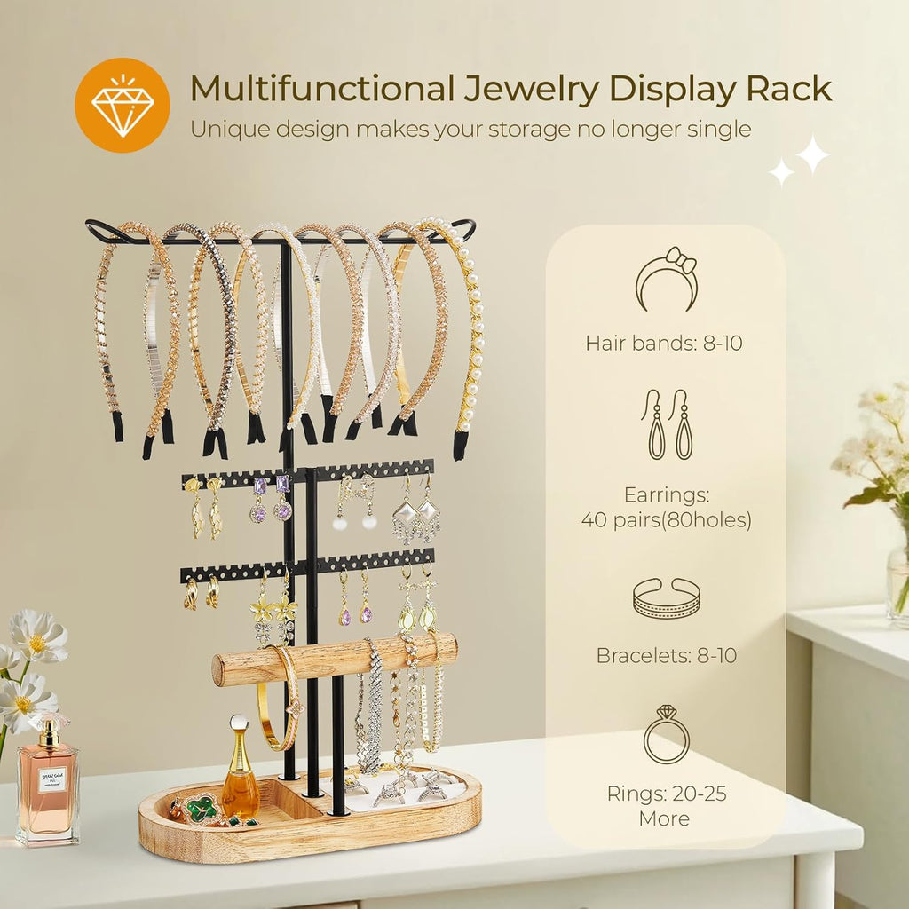 3 Tiers Jewelry Organizer, Earring Holder Organizer with 80 Holes, T-Bar Beige Velvet Bracelet Holder for HeadBands, Earrings, Bracelets, Rings Jewelry Holder Organizer (Rustic Brown)