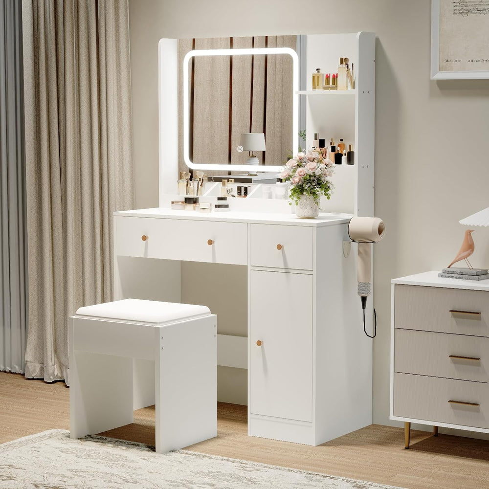 HaHarmoHaby Vanity Desk with Lighted Mirror, Makeup Vanity Table with 4 Drawe...