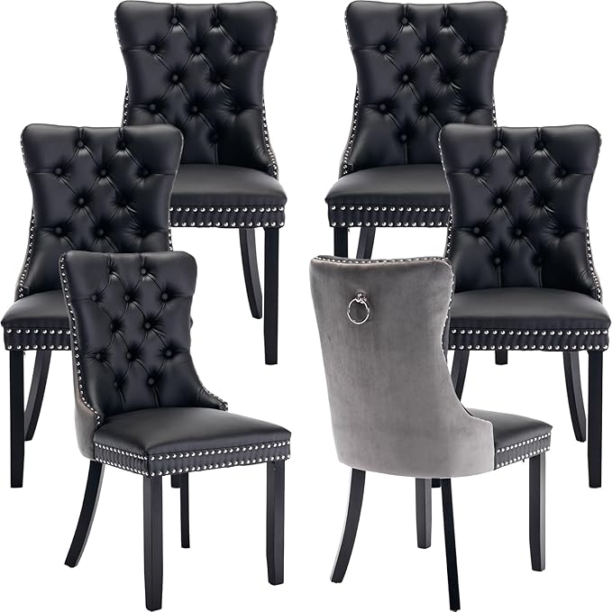 Modern Dining Chairs Set of 6, Tufted Upholstered Dining Chair with Solid Wood Legs, Velvet and Leather Dining Chairs, Sillas de Comedor, Comfy Kitchen Chair (Black+Gray, 6Pcs)