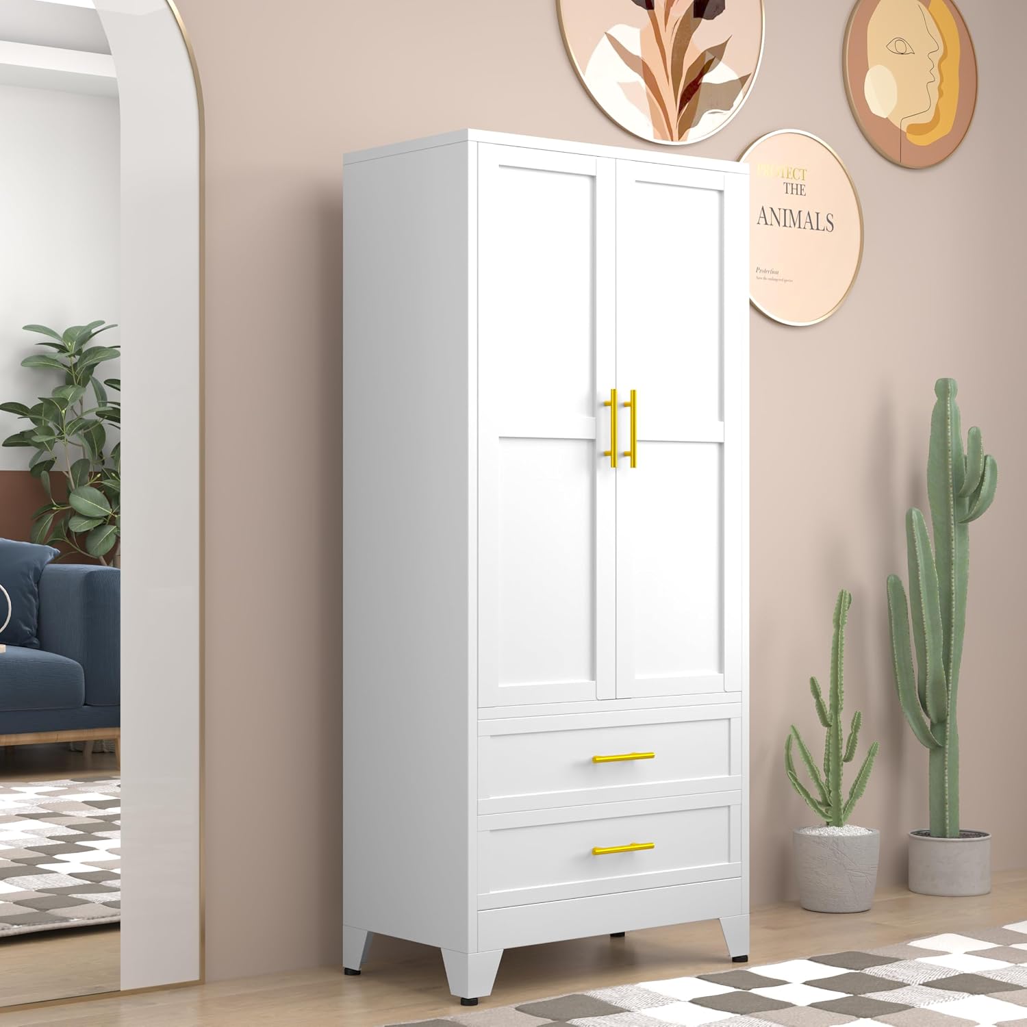 Metal Clothing Storage Cabinet with Adjustable Shelves and Hanging rods. A Household Steel Wardrobe Storage Cabinet with Drawers (Wardrobe - White).