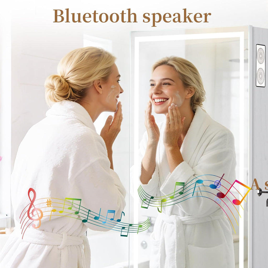 LED Mirror Jewelry Cabinet with Bluetooth Speaker ，Door/Wall Mounted,Equipped with Three Color Light Strips,Full-Length Illuminated Mirror,Jewelry Storage Function