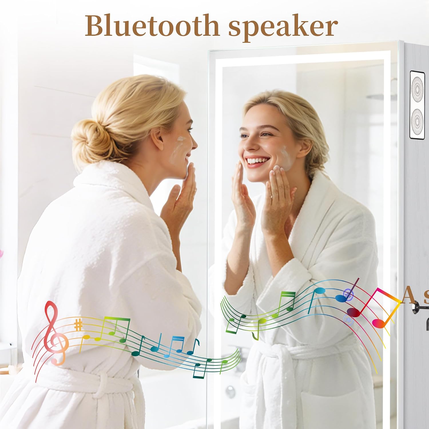 LED Mirror Jewelry Cabinet with Bluetooth Speaker ，Door/Wall Mounted,Equipped with Three Color Light Strips,Full-Length Illuminated Mirror,Jewelry Storage Function