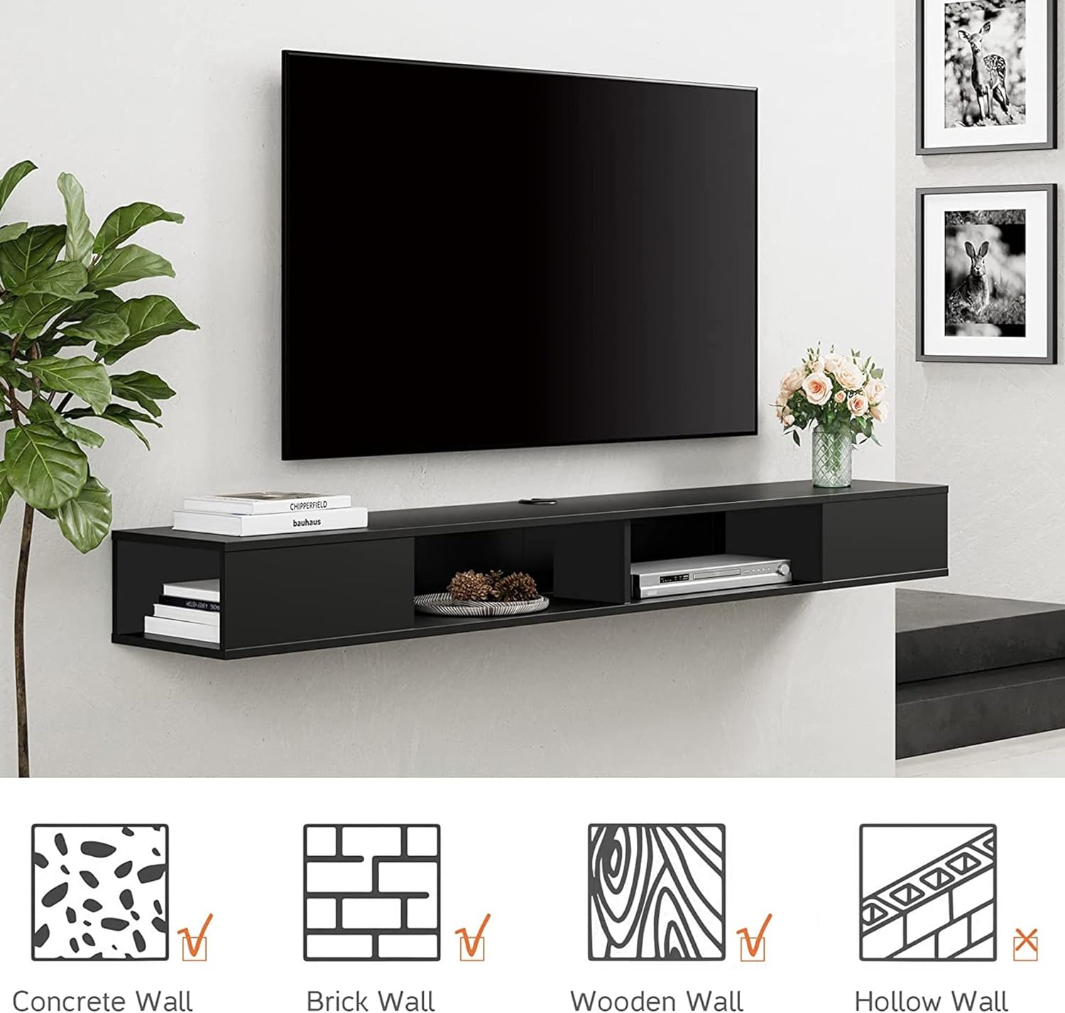 WAMPAT 70 inch Floating Entertainment Center, Black | For TVs Up to 75 inch, Open shelf Storage, Wall Shelf Under TV, Media Console, Living Room