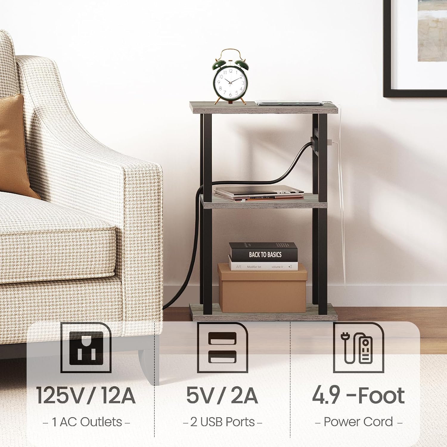 TUTOTAK Small Narrow Side Table with Charging Station, Set of 2 Skinny End Table for Small Spaces, Slim Nightstand with USB Ports and Outlet,Sofa Beside Table with Wheels, Greige TB01BG047