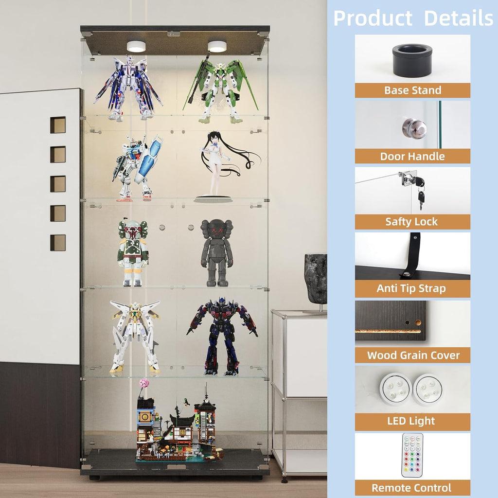 Beauty4U Glass Display Cabinet with Lights, 5 Shelves with 2 Doors, Curio Cabinets for Living Room, Bedroom, Office, Black Floor Standing Glass Bookshelf, Quick Installation