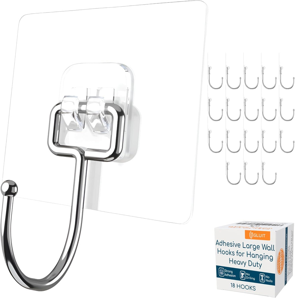 GLUIT Adhesive Large Wall Hooks for Hanging Heavy Duty 22 lbs Hooks for Walls No Damage, Towel Sticky Clear Hooks, Waterproof, Home, Bathroom, Kitchen, Office, and Outdoor, 18 Pack