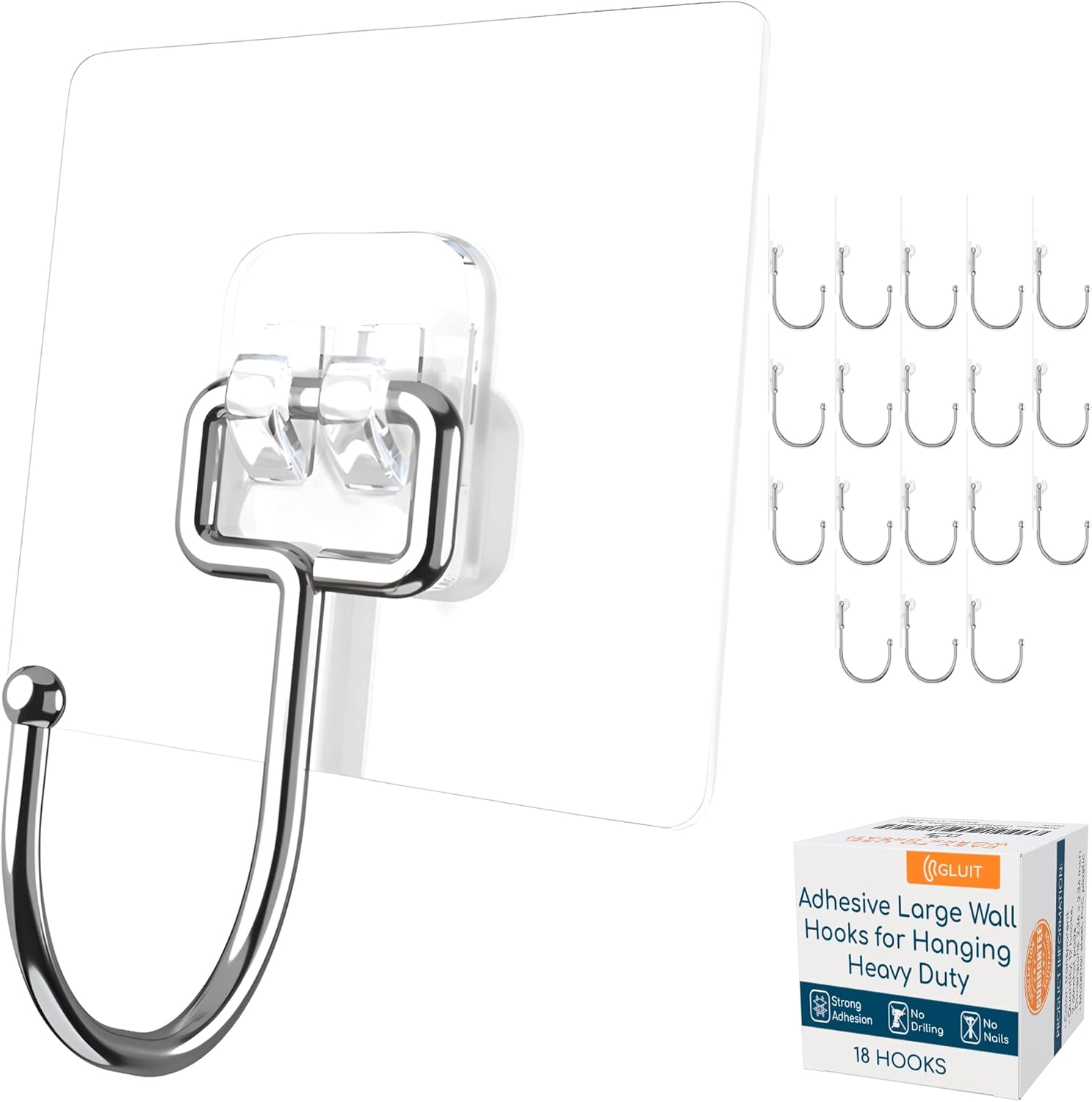 GLUIT Adhesive Large Wall Hooks for Hanging Heavy Duty 22 lbs Hooks for Walls No Damage, Towel Sticky Clear Hooks, Waterproof, Home, Bathroom, Kitchen, Office, and Outdoor, 18 Pack