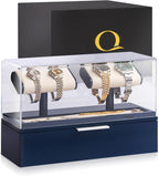 QWATCH Watch Stand Display Case - Acrylic Watch Box for 2 or 4 Watches with Jewelry Valet Tray and Drawer