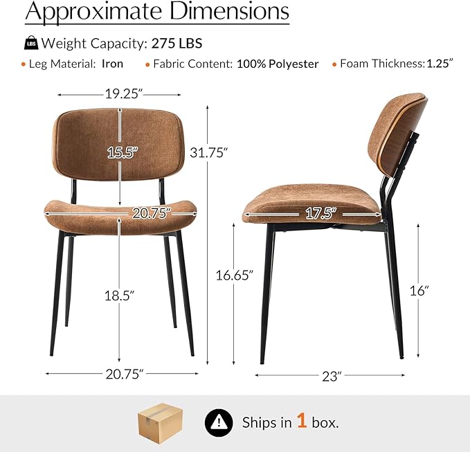 HULALA HOME Dining Chairs Set of 2 Mid-Century Modern Upholstered Kitchen Dining Room Chairs with Wood Curved Backrest, Black Metal Legs Fabric Dinner Chair for Living Room Cafe Restaurant Camel