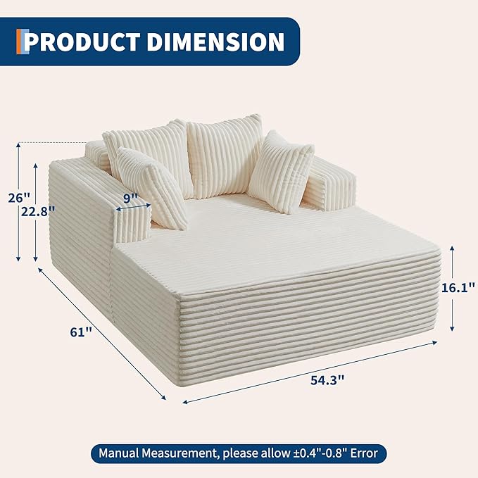 54.3"W Oversized Chaise Lounge Chair Indoor, Boneless Corduroy Sleeper Sofa Bed with 4 Pillows, Armrests, Comfy Fluffy Reading Couch, No Assembly Required Cloud Sofa for Living Room, Bedroom, Office