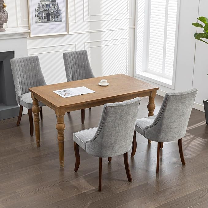 Dining Chairs Set of 4,Comfy Fabric Upholstered Accent Chairs for Kitchen Living Room,Channel Tufted Dining Room Chairs with Curved Solid Wood Legs(Gray)