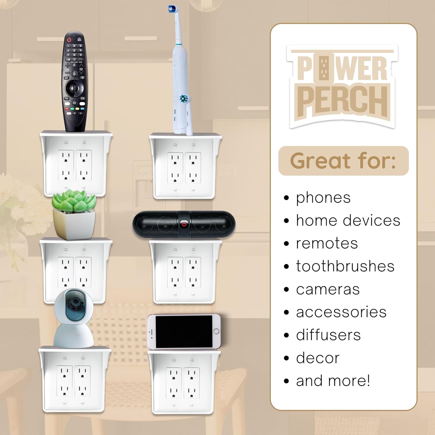 Power Perch Double Wall Outlet Shelf with Cord Storage Strap - Declutter & Reclaim Bathroom Counter Space - Alexa Stand, Apple Homepod Shelf, Toothbrush Holders Wall Mounted - White, 1-Pack