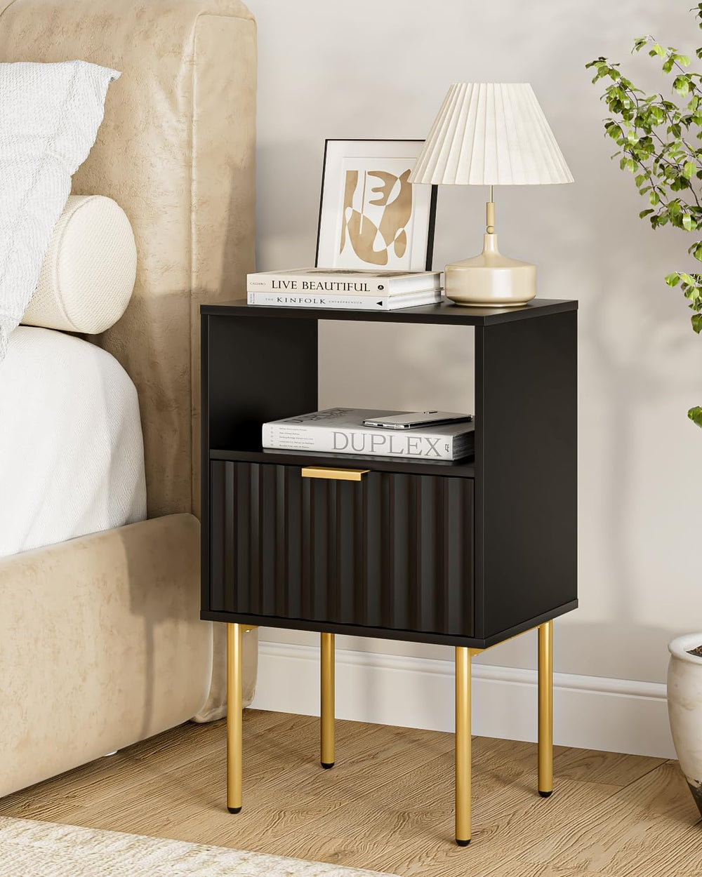 Nightstand,Modern Bedside Table with Gold Frame,White Night Stand,Bedside Fur...