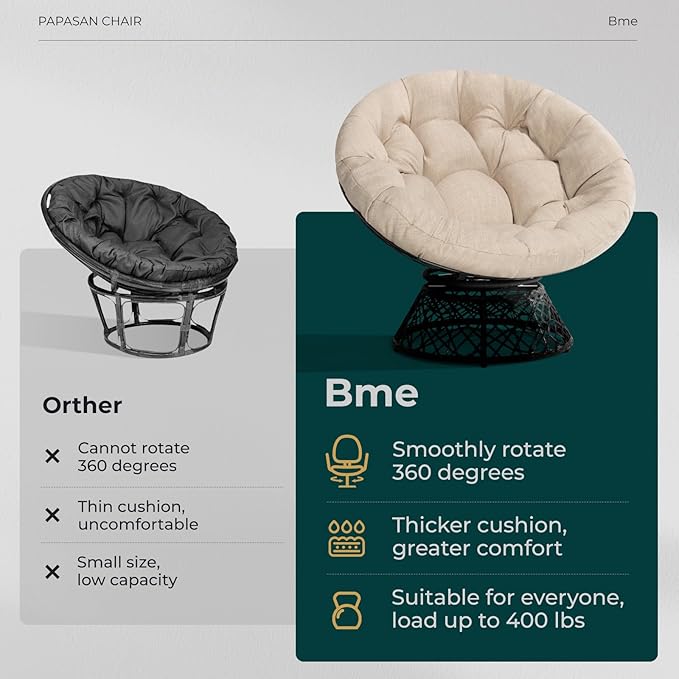 Bme 40" Ergonomic Wicker Papasan Chair with Soft Thick Density Fabric Cushion, High Capacity Steel Frame, 360 Degree Swivel for Living, Bedroom, Reading Room, Lounge, Sepia Sand - Black Base
