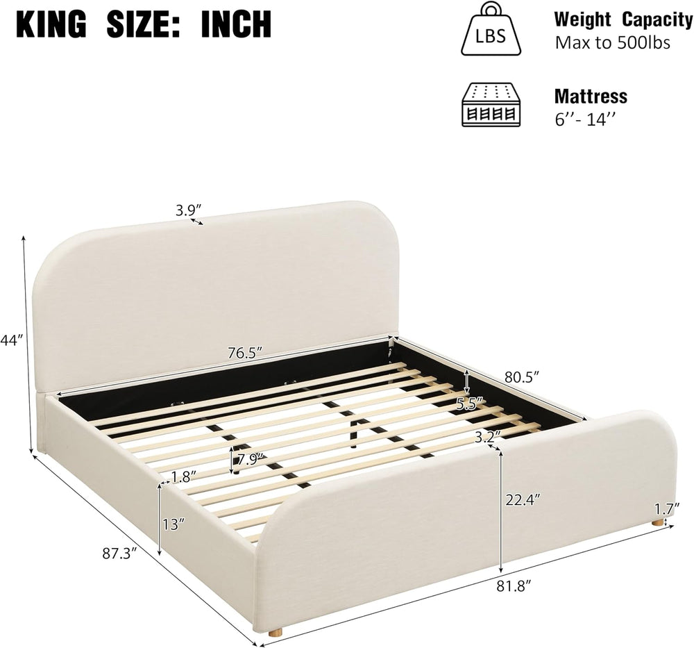 Merax King Size Bed Frame, Upholstered Linen Platform Bed with 44 Inch Tall H...