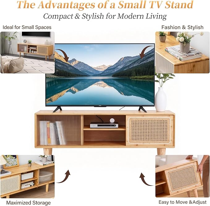 Tiita Rattan TV Stand for 55 Inch TV, Bamboo TV Cabinet with Adjustable Shelf and Storage, Boho Entertainment Center, Mid Century Modern Media Console for Bedroom, Living Room, Study (Natural)