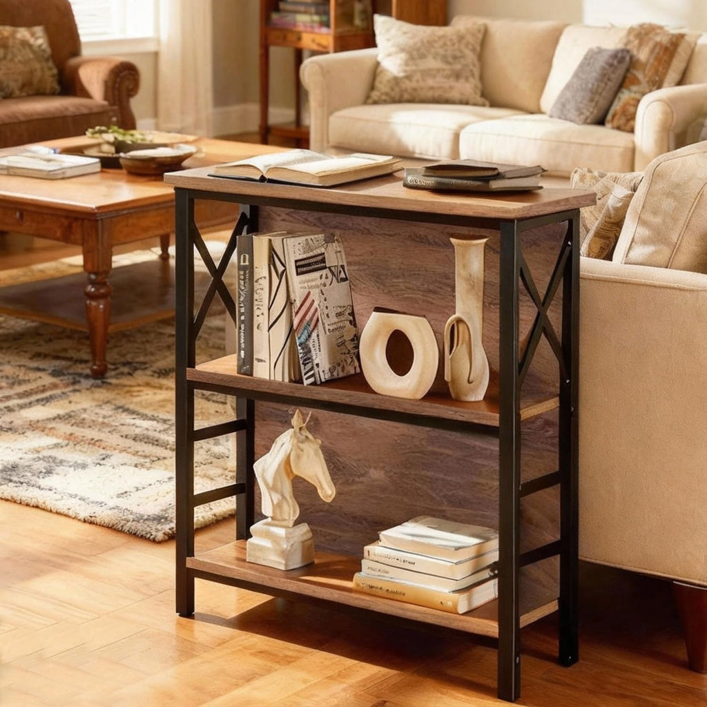 MNEETRUNG Book Shelf, Small 3-Tier Industrial Bookshelf with Strong Metal Frame & Backboard, 29.5" Short Bookcase for Small Spaces, Living Room, Bedroom and Home Office, Brown